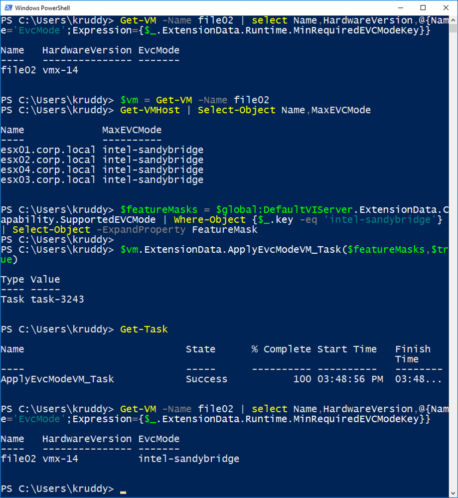 Example: Putting everything together to set Per-VM EVC mode of a single VM