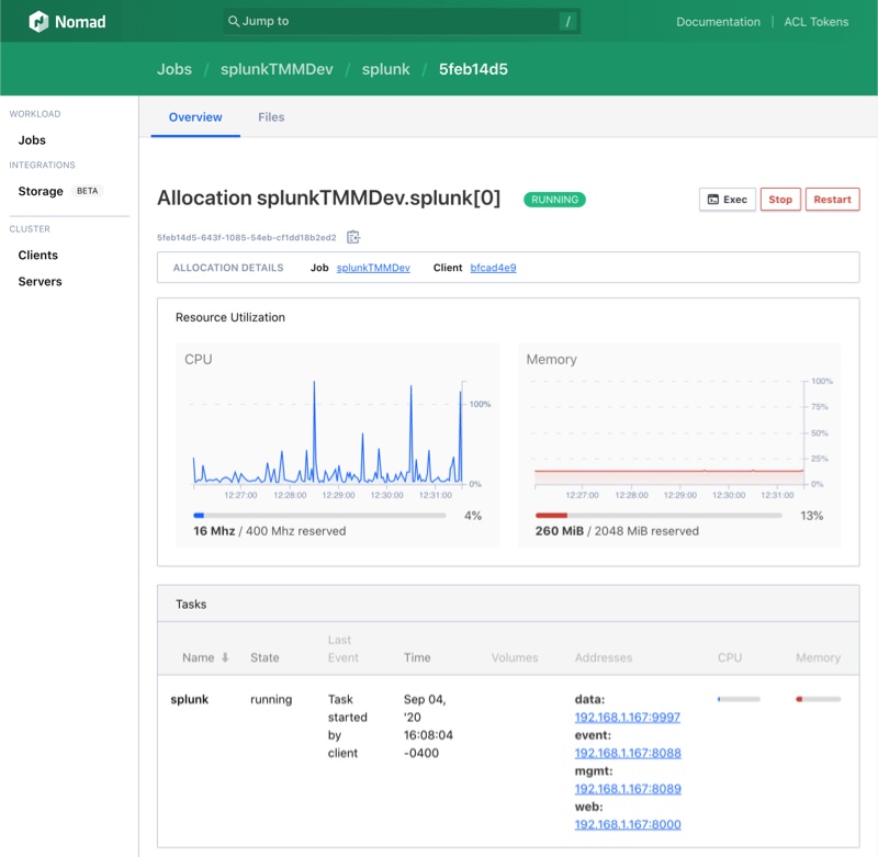 Nomad UI with Splunk Job Running