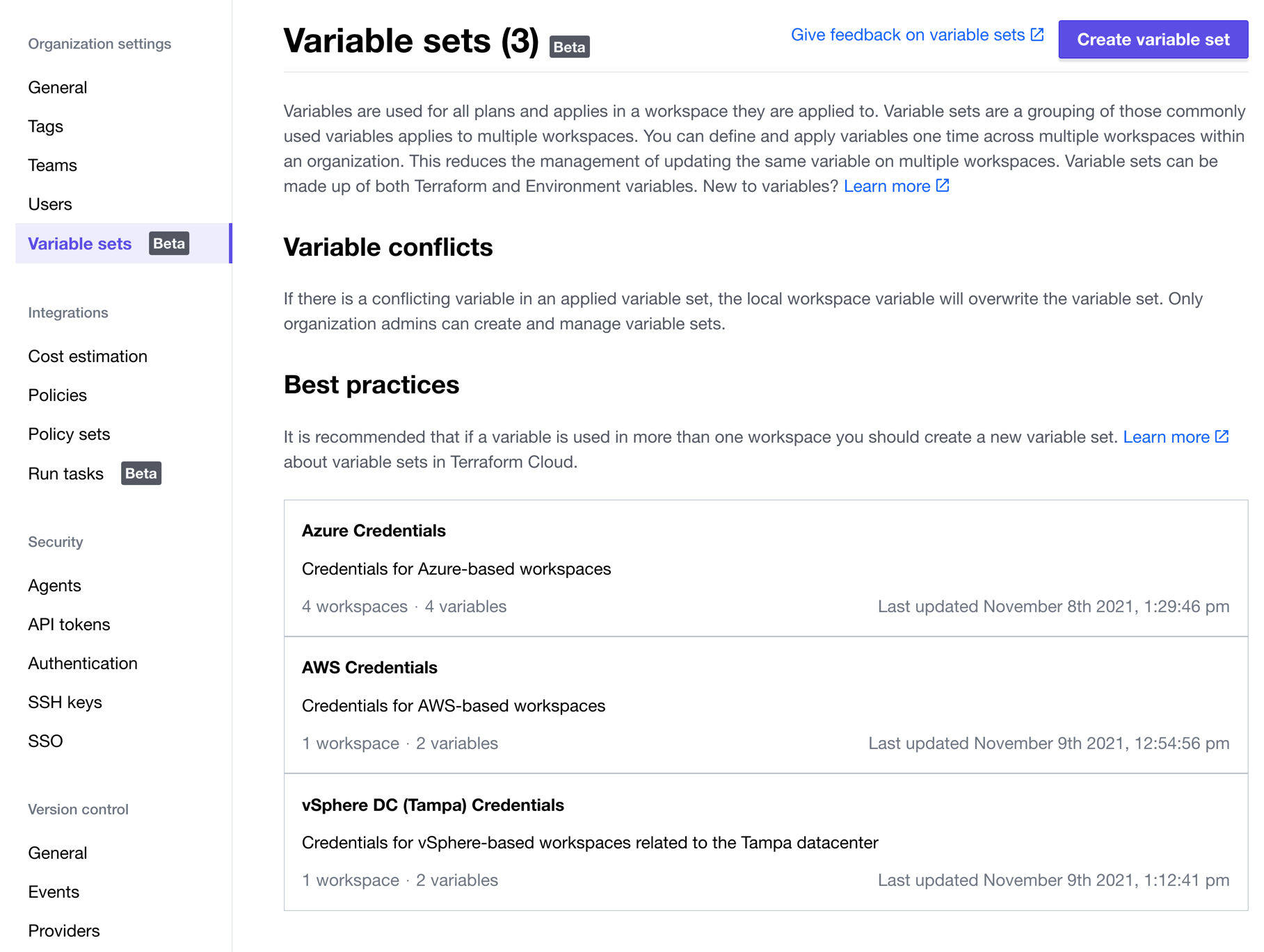 Terraform Cloud UI - Organization Settings - Variable Sets Beta