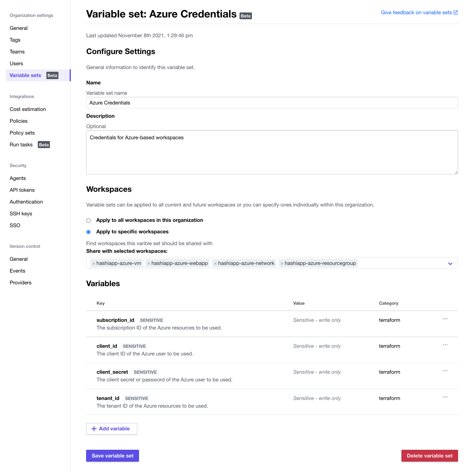 Terraform Cloud UI - Workspace Settings - Variable Sets Beta