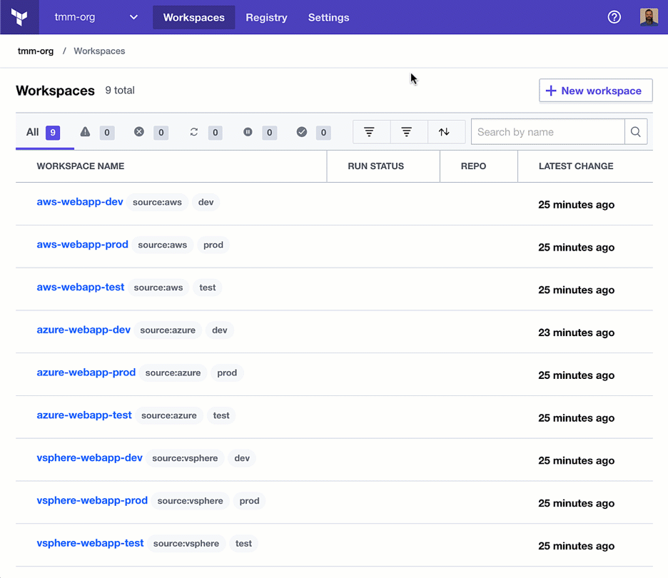 Terraform Cloud UI - Organization Workspace View