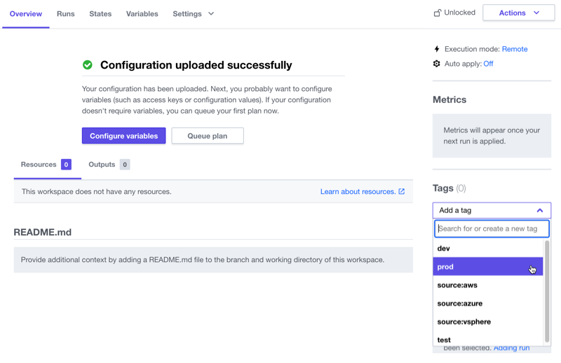 Terraform Cloud UI - Workspace Overview - Select a Tag