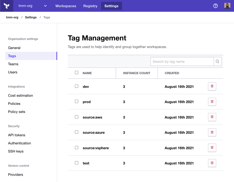 Terraform Cloud UI - Organization Settings - Tag Management