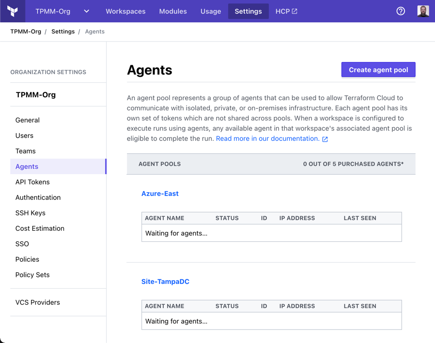 Terraform Cloud UI - Workspace Settings - Agents