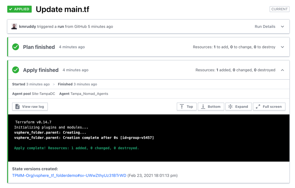 Terraform Cloud UI - Workspace Run Tab - Run Overview